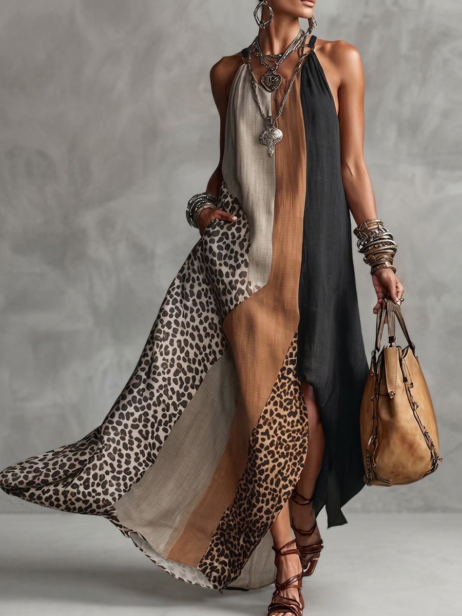 Halter maxi dress with leopard-print panels, dark top and flowing skirt