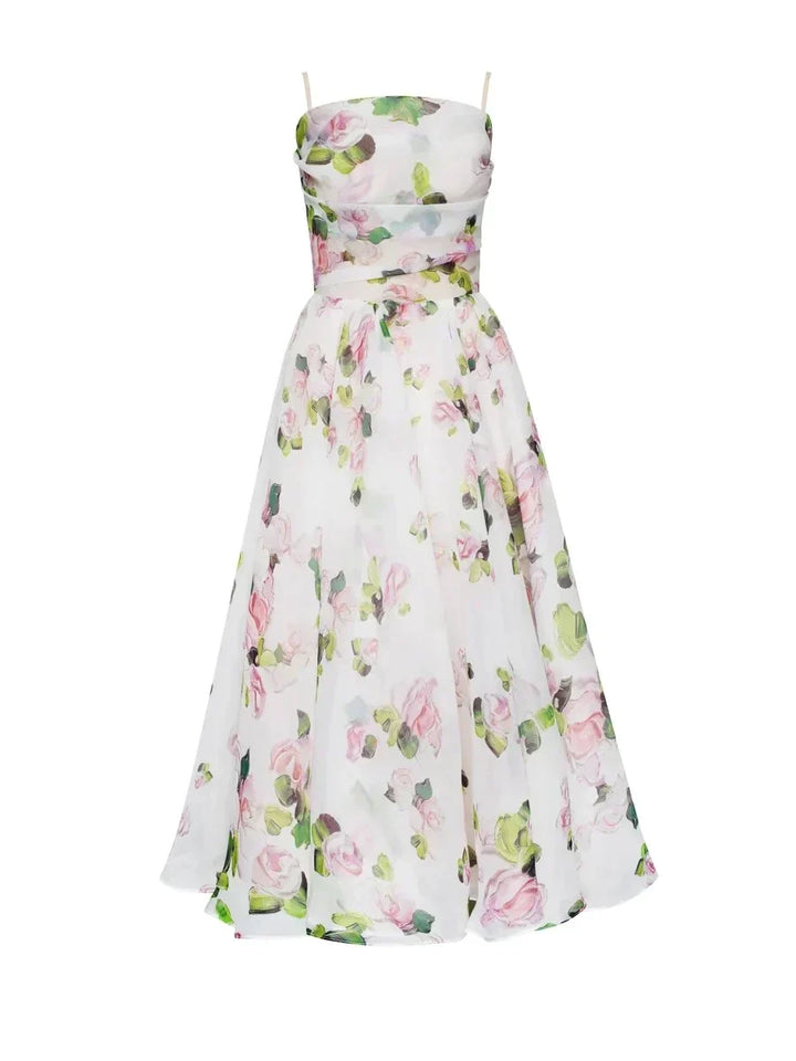 White garden floral print strapless dress with fitted top and flared midi skirt