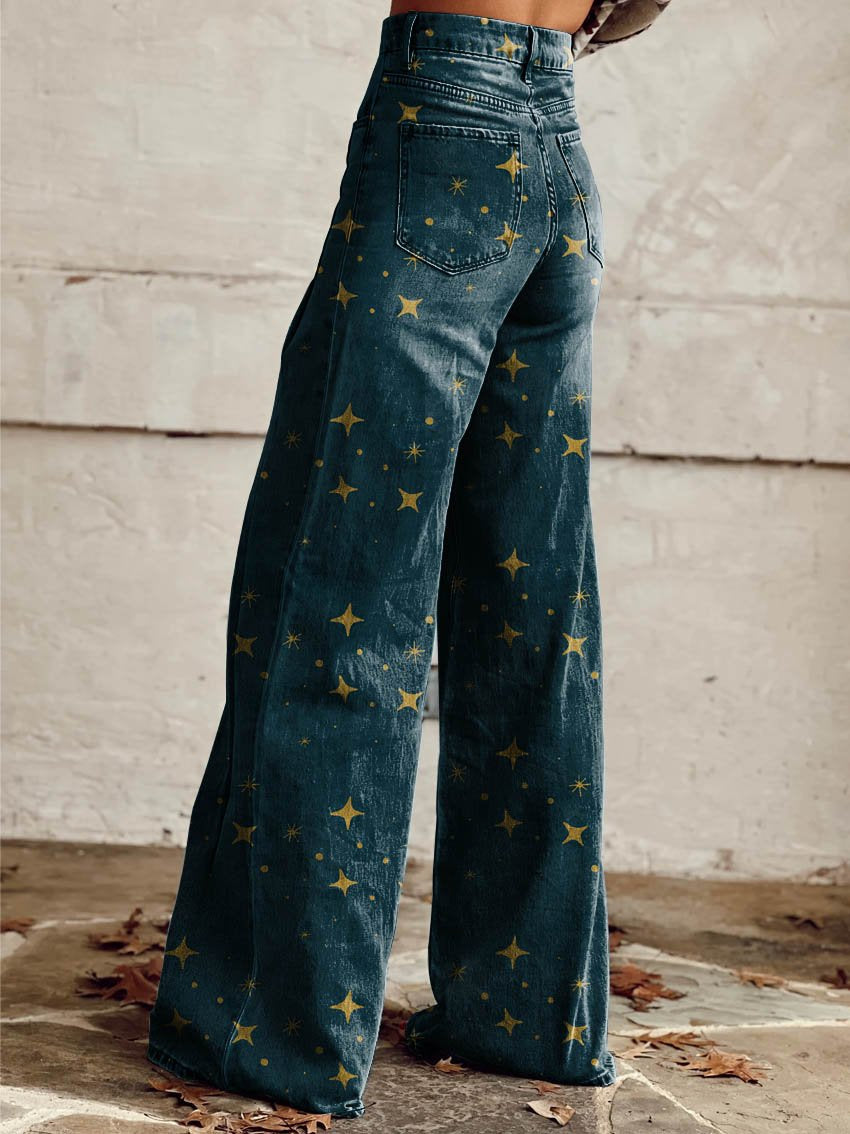 Dark denim boho vintage jeans with gold star print, flared leg and back patch pocket