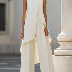 White sleeveless tailored set: draped asymmetric vest top and wide-leg pants