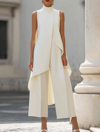 White sleeveless tailored set: draped asymmetric vest top and wide-leg pants