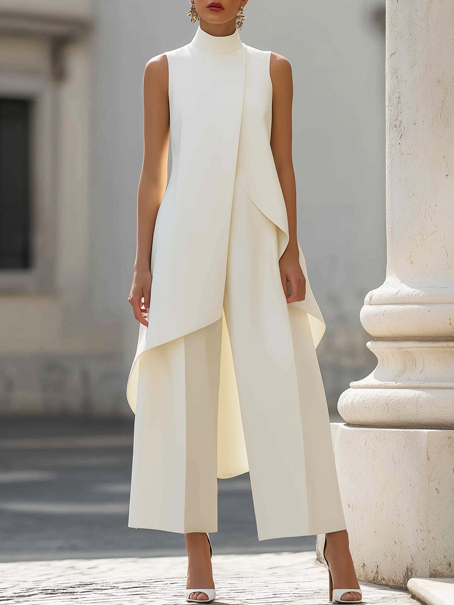 White sleeveless tailored set: draped asymmetric vest top and wide-leg pants