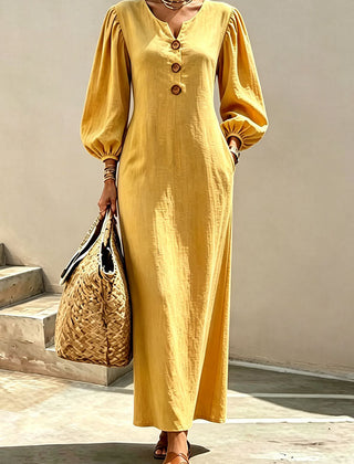 Yellow v-neck maxi dress with button front and lantern sleeves