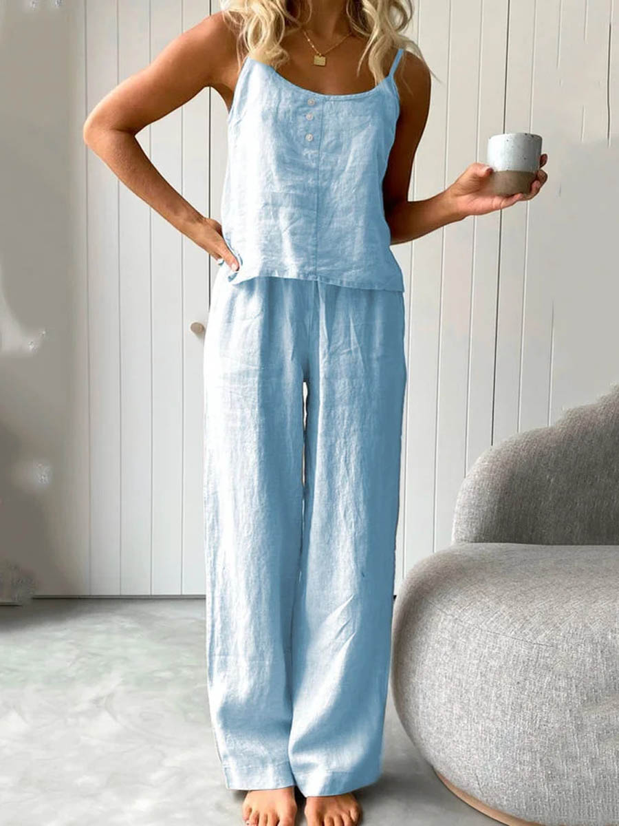 Blue linen lounge set with button-front camisole and wide-leg trousers