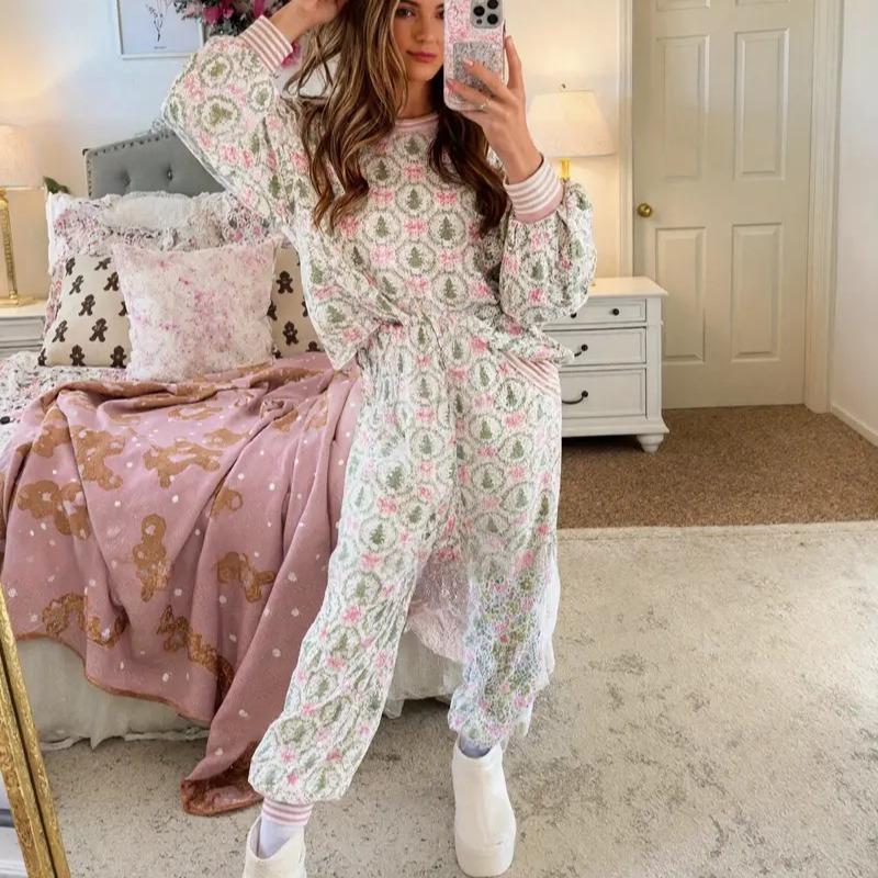 Pink and mint floral pajama set with long sleeves and ankle-length pants