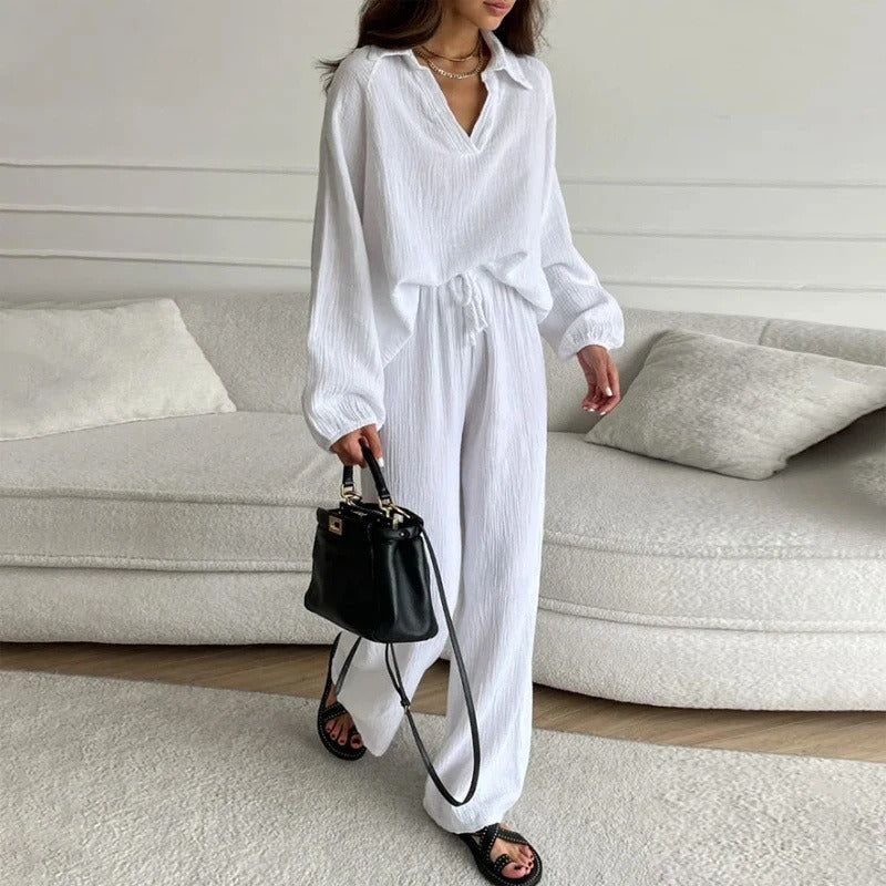 White V-neck long-sleeve blouse and wide-leg pants set with drawstring waist