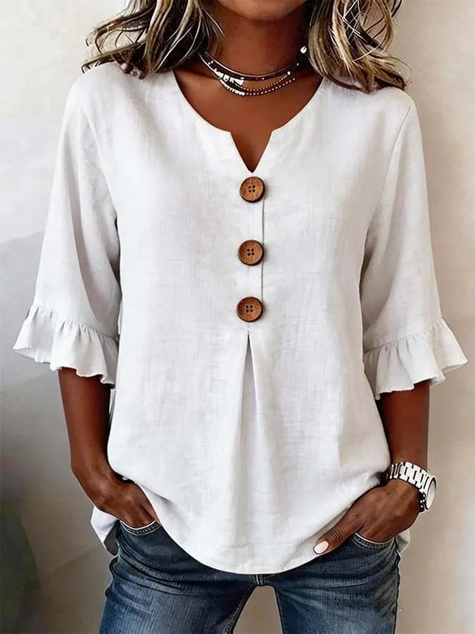 Women's white button-front blouse with ruffled sleeves and keyhole neckline