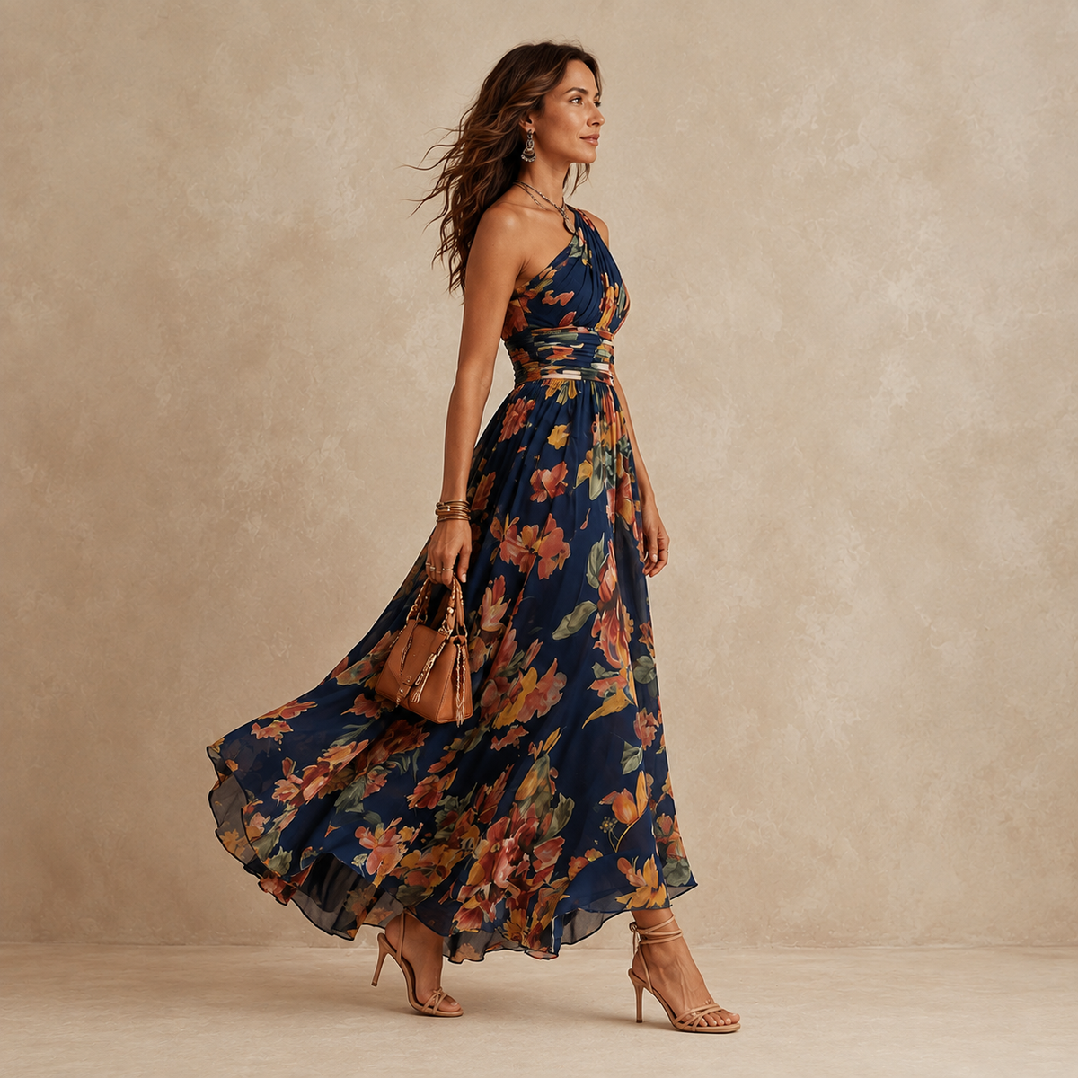 Navy floral one-shoulder maxi dress with ruched bodice and full gathered skirt