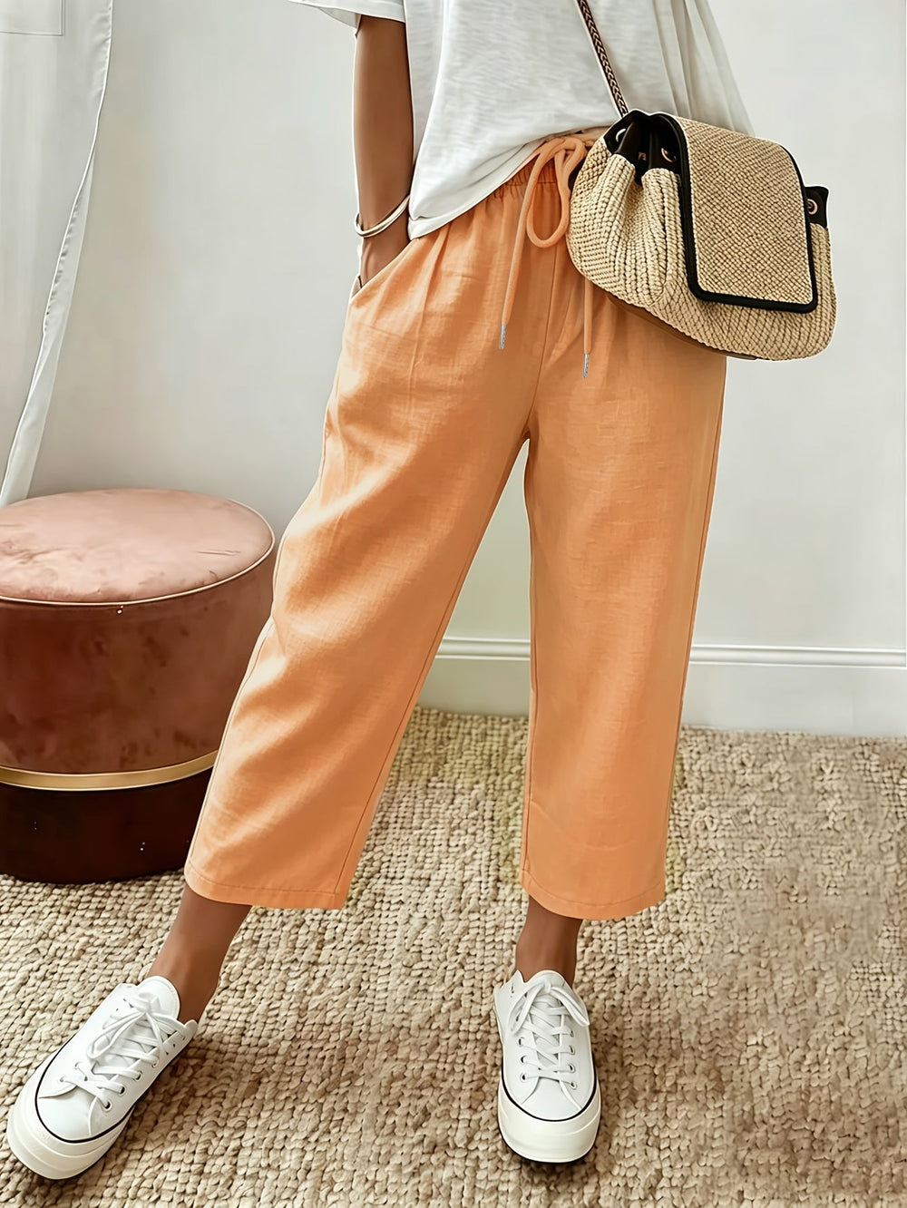 Cropped wide-leg trousers, apricot orange, drawstring waist and ankle-length hem