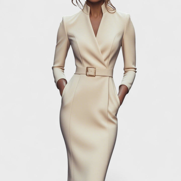 Refined sheath dress, beige/cream, V-neck, long sleeves, waist belt with square buckle