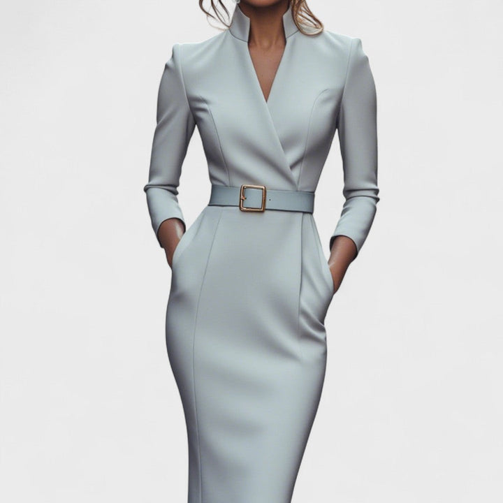 Refined sheath dress, pale mint, V-neck, long sleeves, waist belt with square buckle
