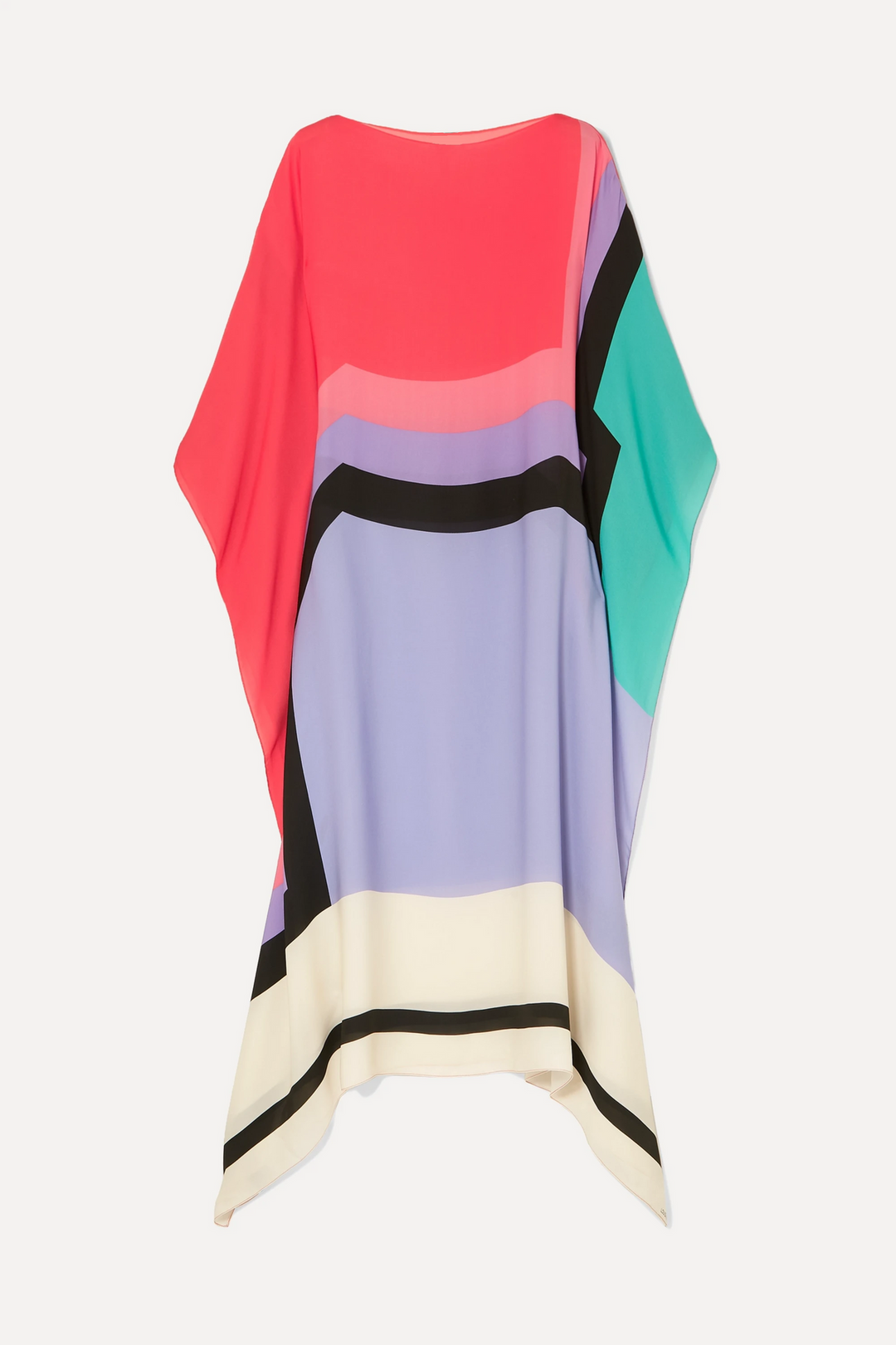 Red geometric kaftan with lavender and teal side panels, black stripe borders, draped hem