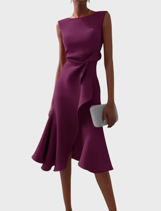 Purple draped asymmetric midi dress, sleeveless with knotted side detail and flared hem