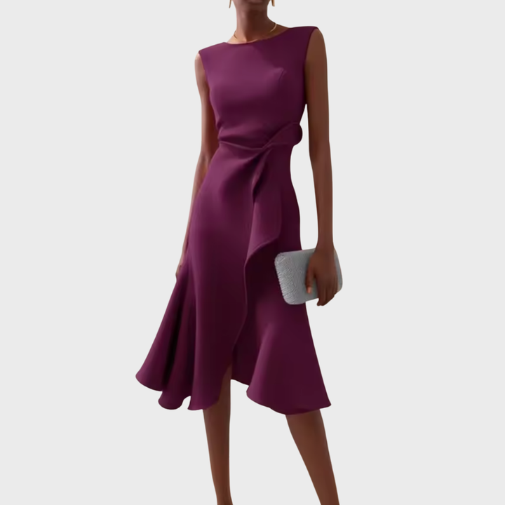 Purple draped asymmetric midi dress, sleeveless with knotted side detail and flared hem