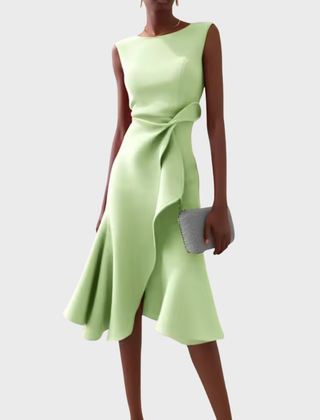 Light green draped asymmetric midi dress, sleeveless with knotted side detail and flared hem