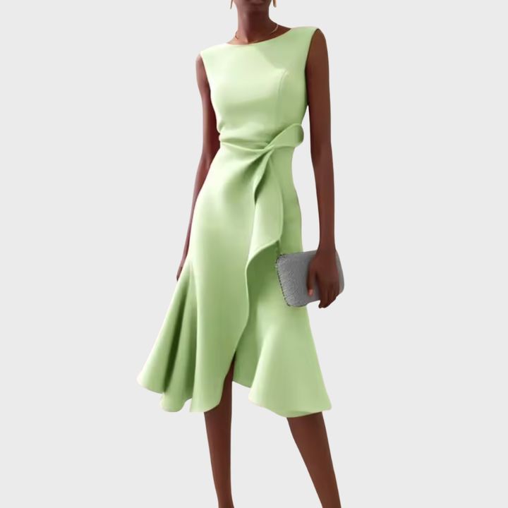 Light green draped asymmetric midi dress, sleeveless with knotted side detail and flared hem
