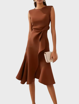 Coffee draped asymmetric midi dress, sleeveless with knotted side detail and flared hem