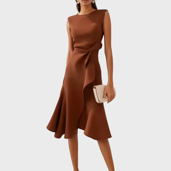 Coffee draped asymmetric midi dress, sleeveless with knotted side detail and flared hem