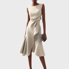 Cream draped asymmetric midi dress, sleeveless with knotted side detail and flared hem