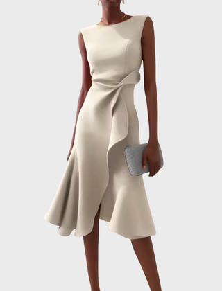 Cream draped asymmetric midi dress, sleeveless with knotted side detail and flared hem