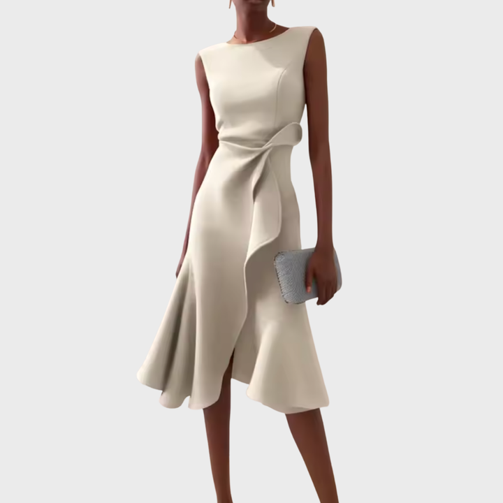 Cream draped asymmetric midi dress, sleeveless with knotted side detail and flared hem