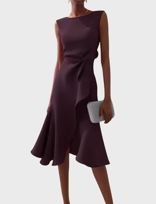 Sleeveless draped asymmetric midi dress in dark plum with side ruching and flared hem