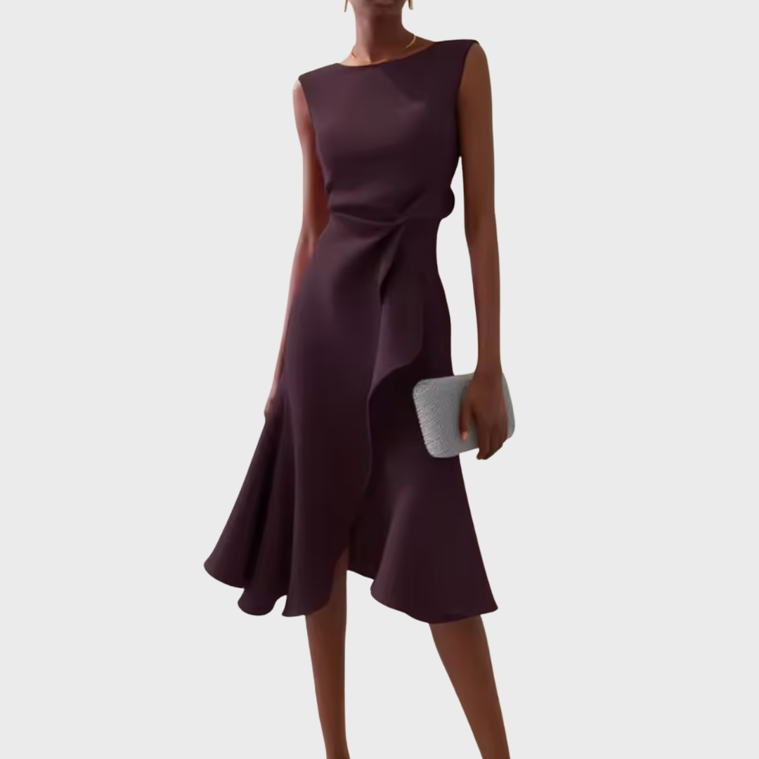 Sleeveless draped asymmetric midi dress in dark plum with side ruching and flared hem