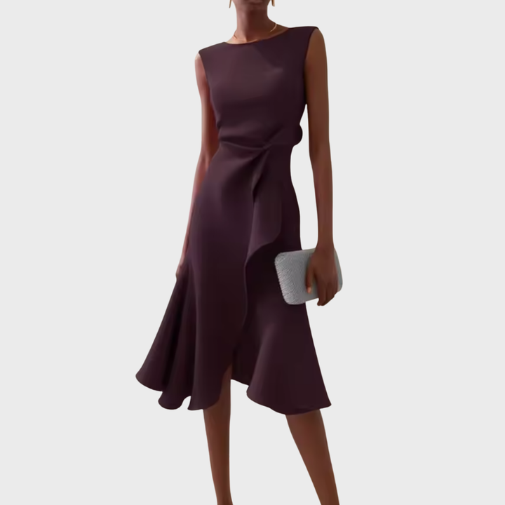Sleeveless draped asymmetric midi dress in dark plum with side ruching and flared hem