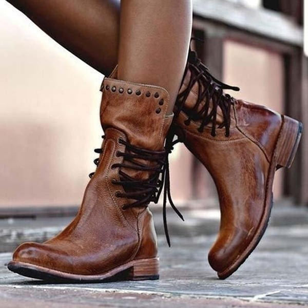 Ciss™ vintage lace-up boots in brown leather with studded cuff and black laces
