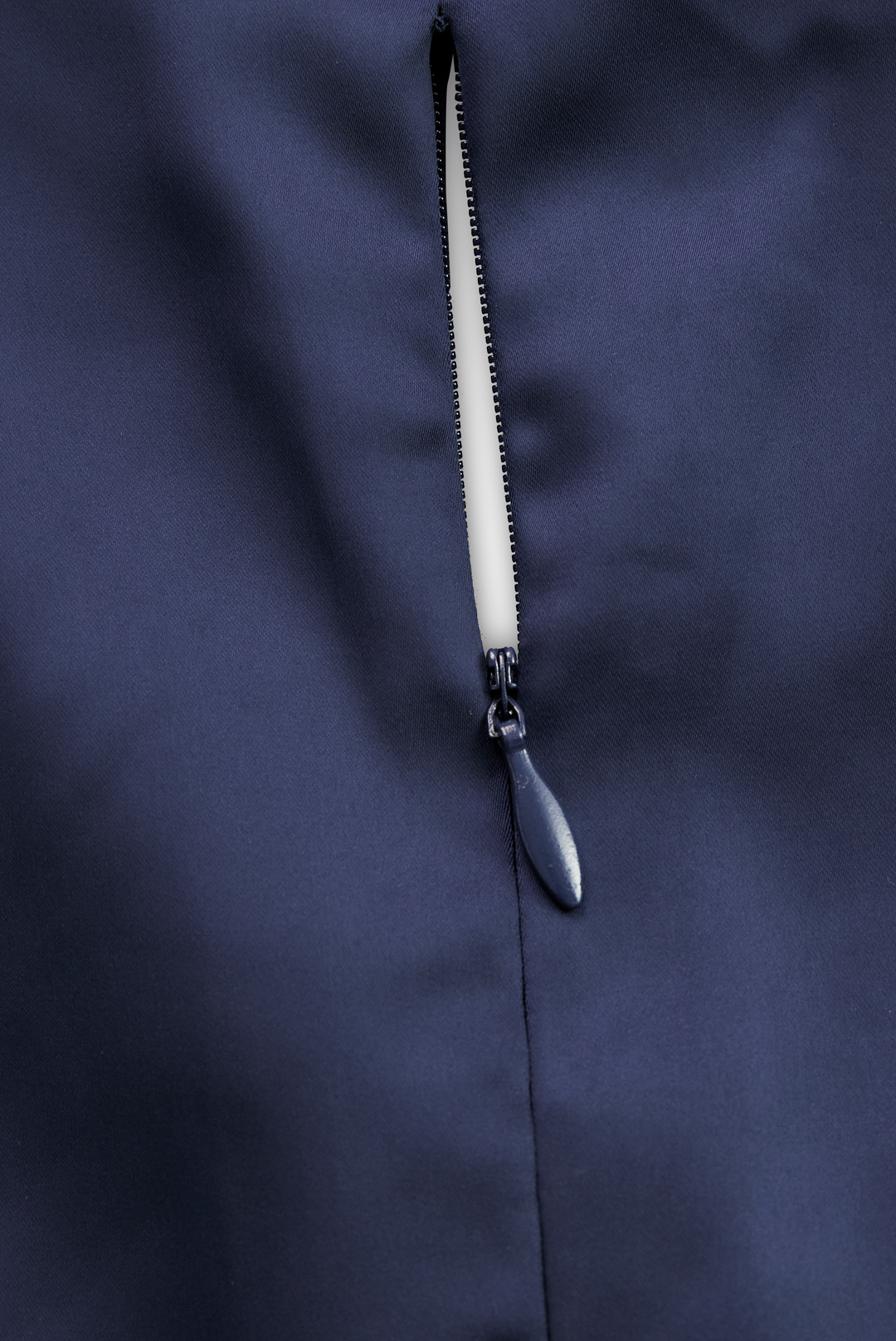 Navy midi dress front with zipper detail at center seam