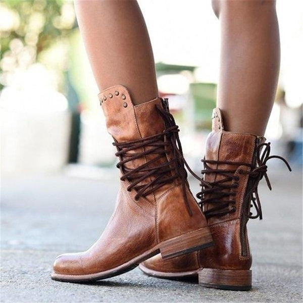 Vintage lace-up boots in tan-brown leather with studded cuff and chunky heel