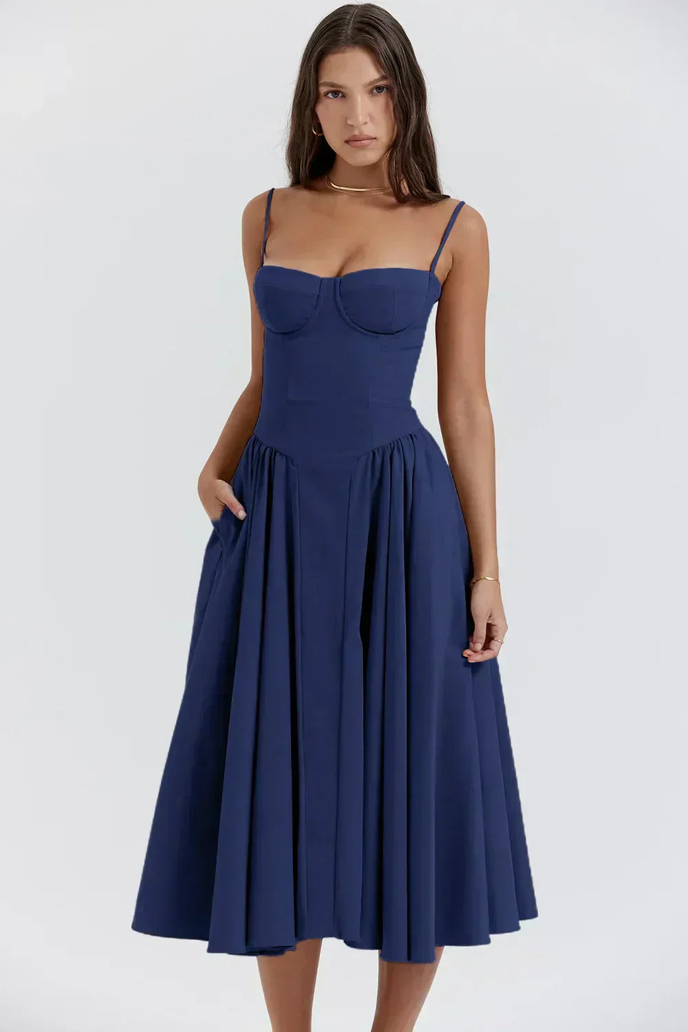 Navy corset sundress with bustier bodice and gathered pleated skirt