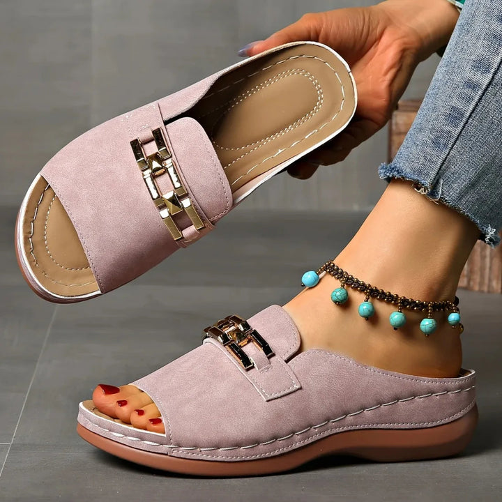 Pink comfort sandals, open toe, gold buckle strap, ankle strap, cushioned sole