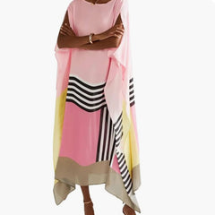 Regan pink candy stripe kaftan with striped hem panels and draped sleeves