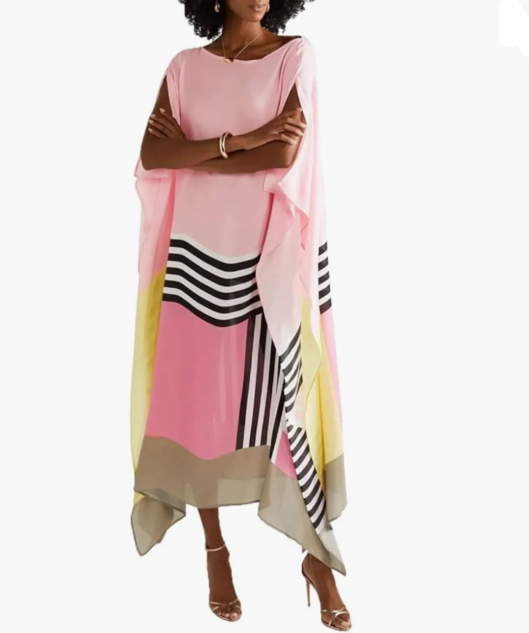 Regan pink candy stripe kaftan with striped hem panels and draped sleeves