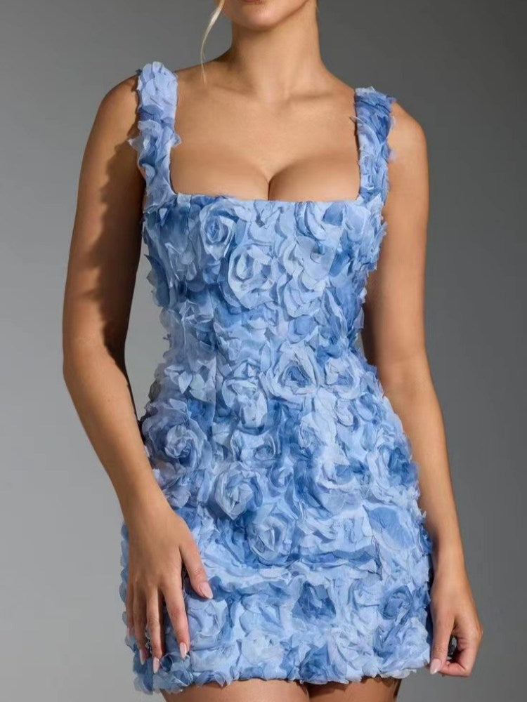 Blue corset mini dress with square neckline and layered rose ruffle overlay