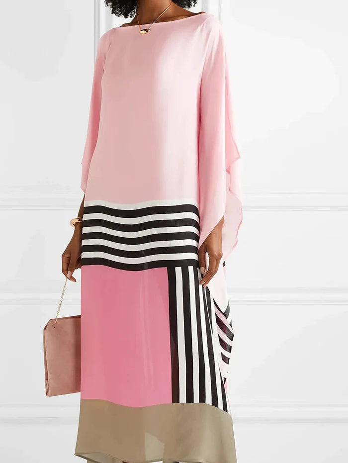 Regan pink kaftan with black-and-white striped band and color-blocked hem