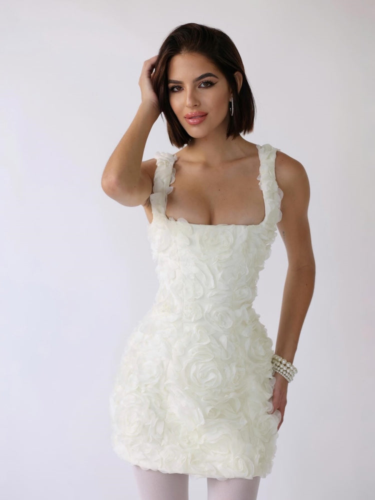 White corset mini dress with square neckline, ruffle-textured bodice