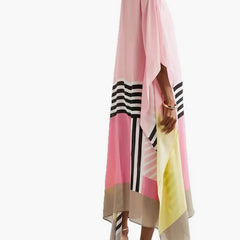 Regan pink kaftan with candy stripe center panel and contrast striped hem