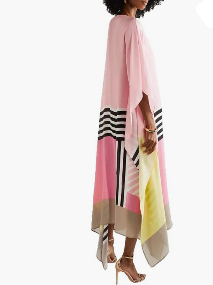 Regan pink kaftan with candy stripe center panel and contrast striped hem