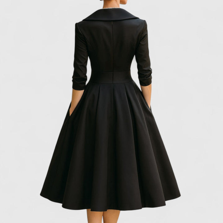 Black midi wrap dress back view with flared A-line skirt and waist seam.