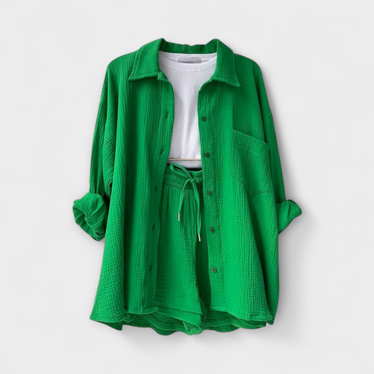 Bright green button-front top and drawstring shorts two-piece set