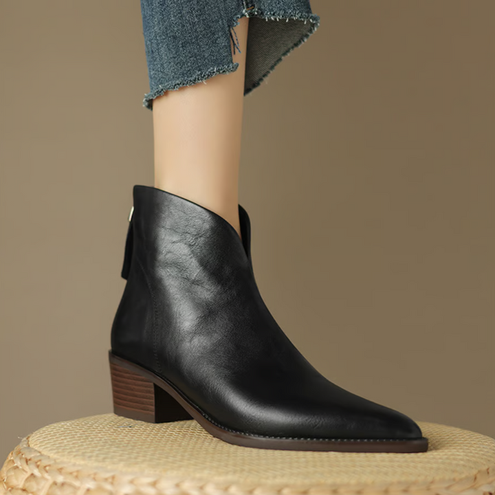 Black leather ankle boots with wood-look block heel and side opening