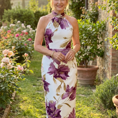 Halter neck floral midi dress with white base and purple flower print, sleeveless fitted
