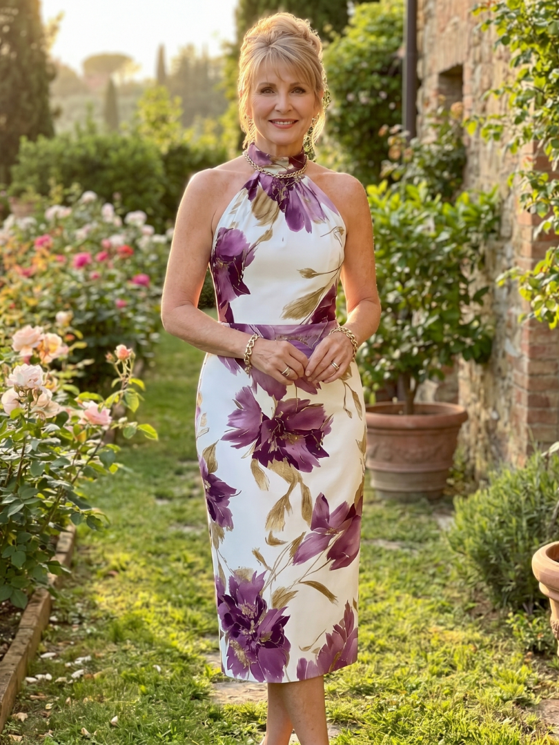 Halter neck floral midi dress with white base and purple flower print, sleeveless fitted