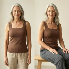 Brown built-in comfort bra tank top on model with spaghetti straps and fitted shape