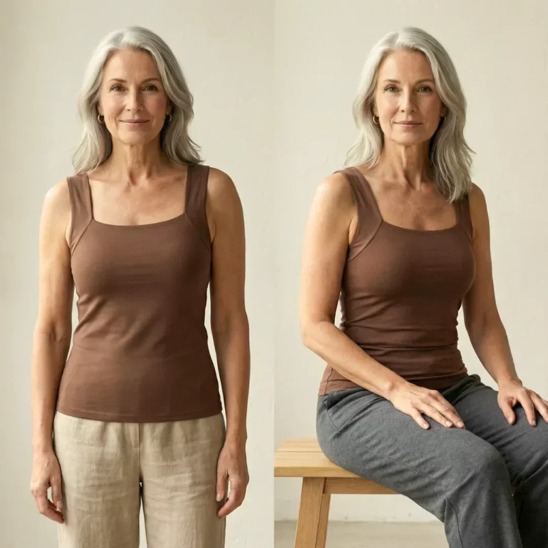 Brown built-in comfort bra tank top on model with spaghetti straps and fitted shape