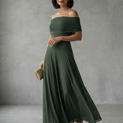 Off-shoulder draped midi dress in dark green, ruched neckline and flared midi skirt