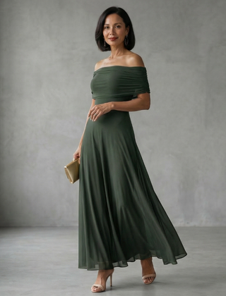 Off-shoulder draped midi dress in dark green, ruched neckline and flared midi skirt
