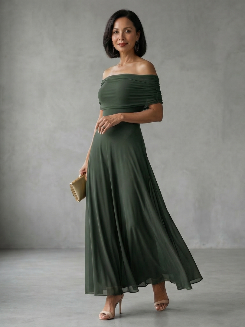 Off-shoulder draped midi dress in dark green, ruched neckline and flared midi skirt